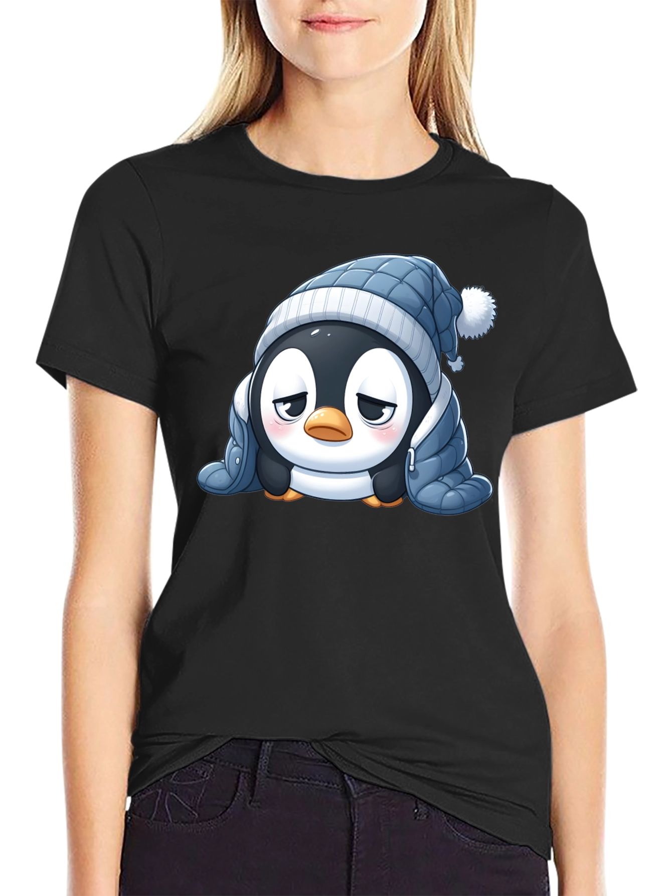 Black Cute Penguin Winter T-Shirt view 2