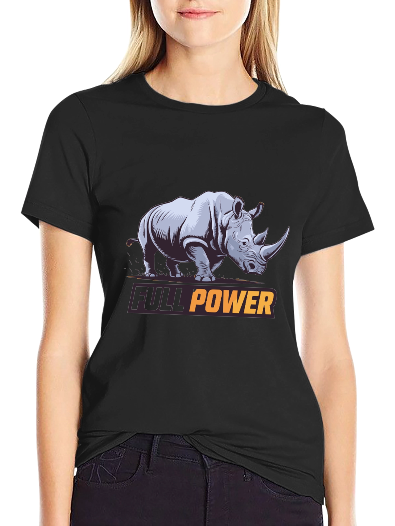 Black Full Power Rhino Graphic Tee - Black Cotton T-Shirt view 2