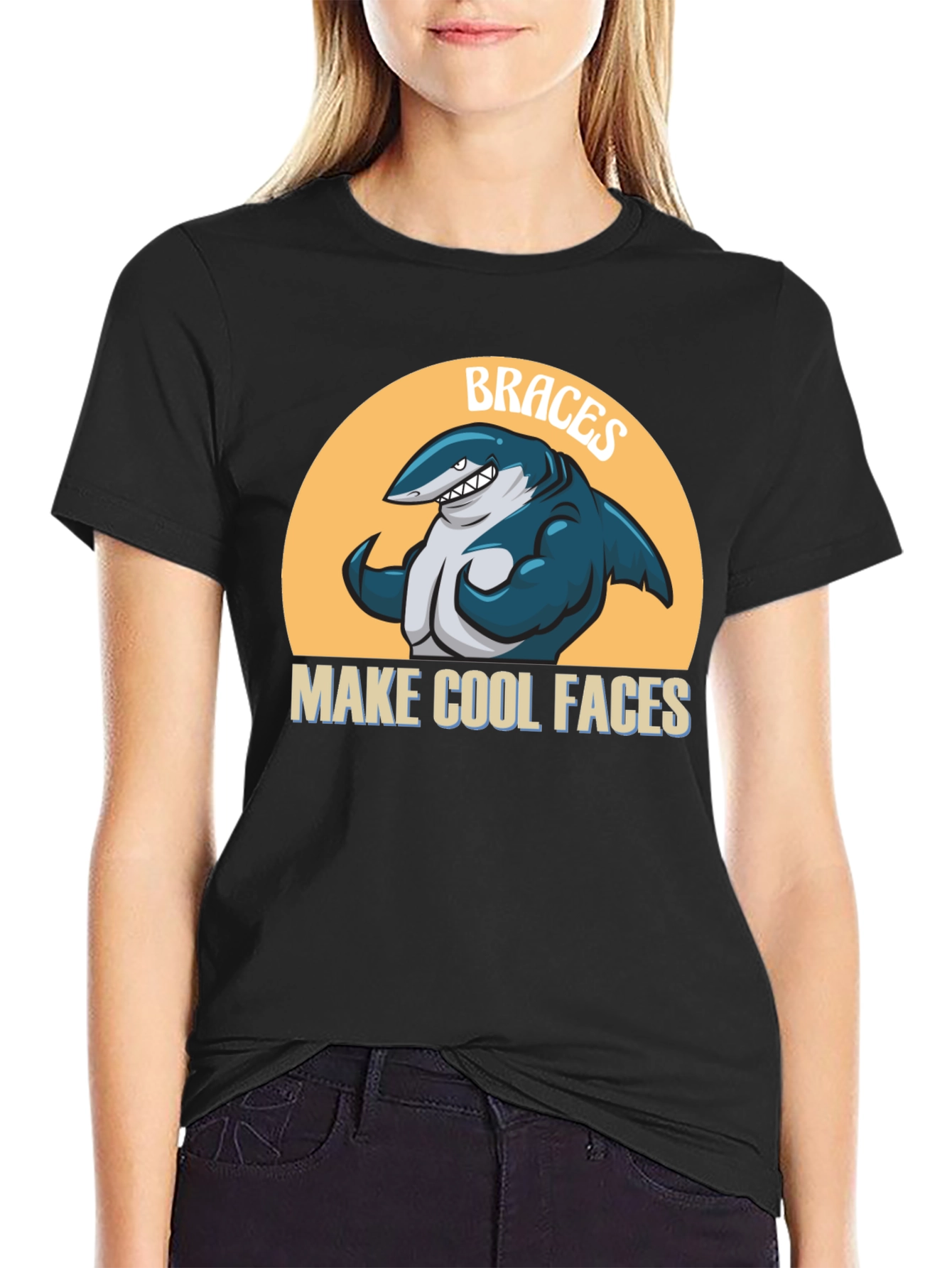 Black Braces Make Cool Faces T-Shirt Funny Shark Tee view 2