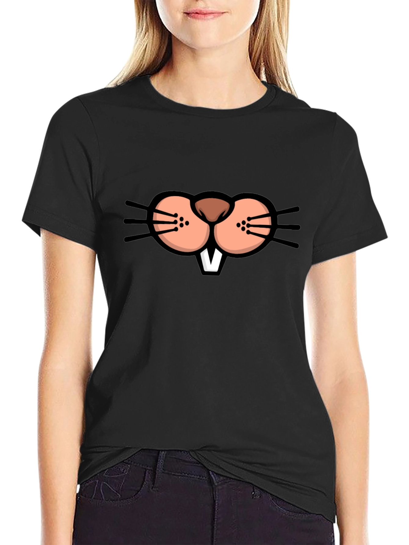 Black Funny Beaver Face Graphic T-Shirt view 2