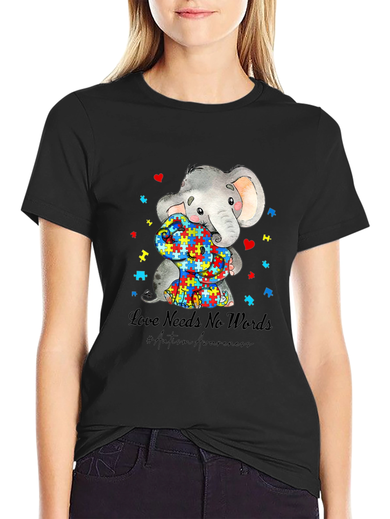 Black Autism Awareness Elephant Love Needs No Words T-Shirt view 2