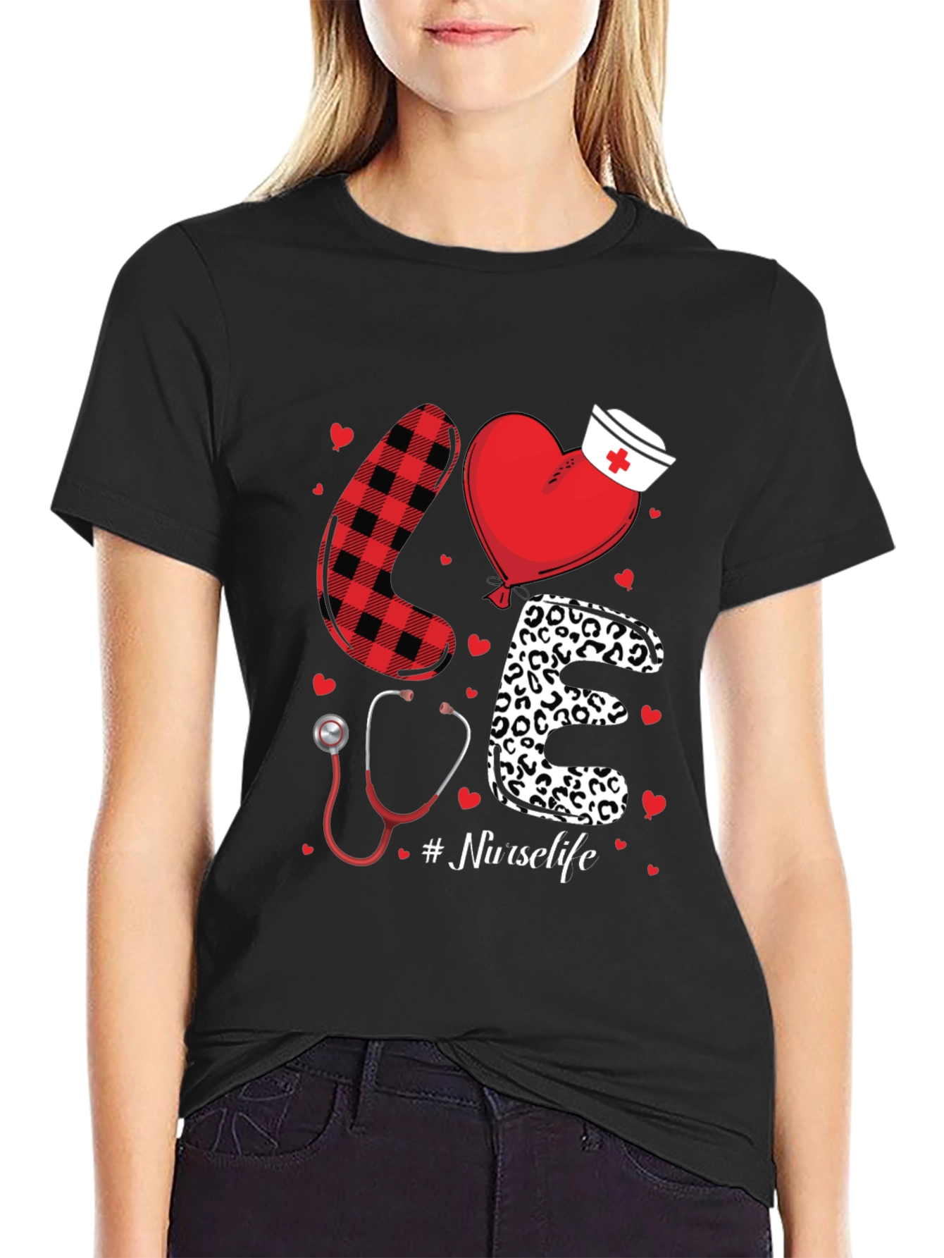 Black Nurse Life Love Graphic T-Shirt - Heart, Stethoscope, Pattern Design view 2