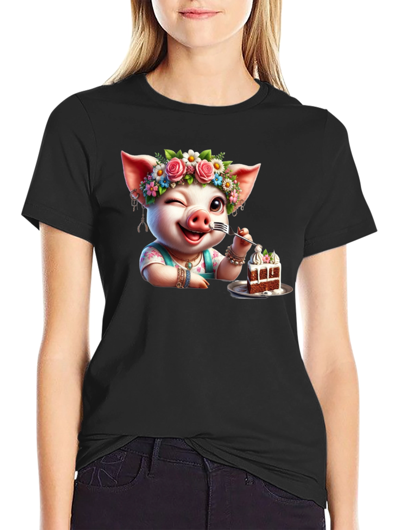 Black Pig with Flowers & Cake T-Shirt - Unisex view 2