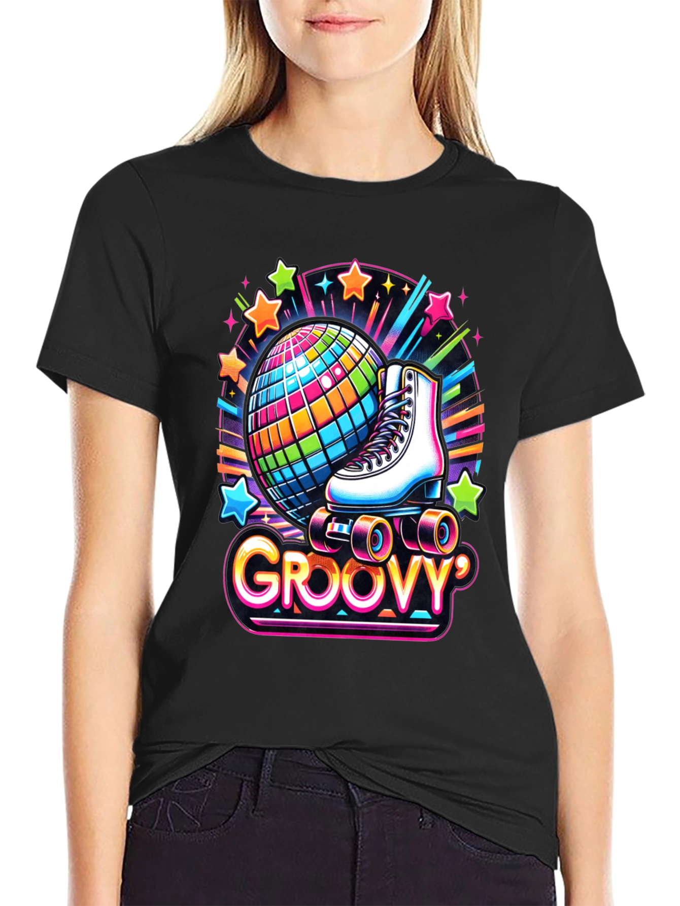 Black Groovy Roller Skate Disco Ball T-Shirt view 2