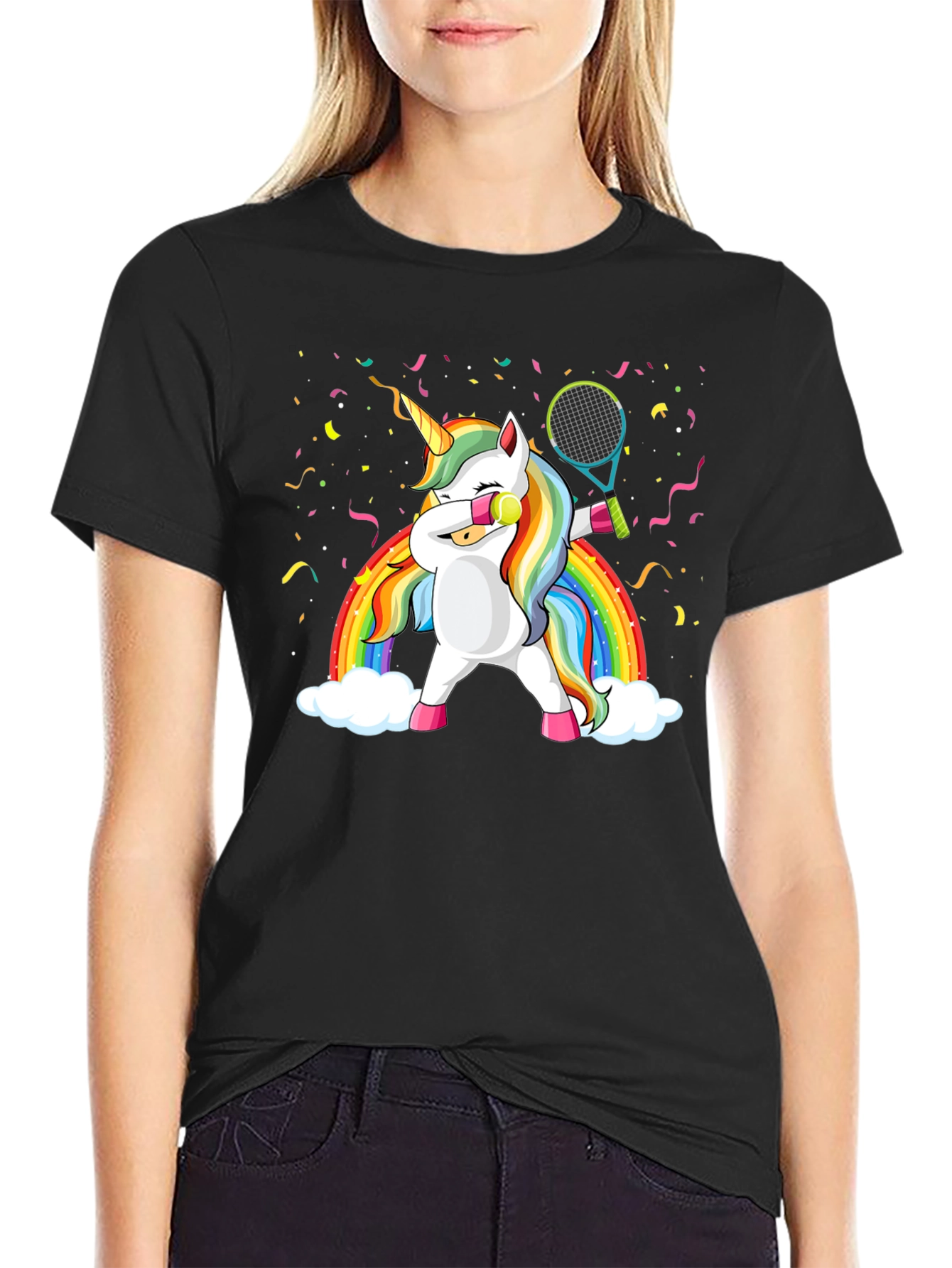 Black Dabbing Unicorn Tennis Rainbow Graphic T-Shirt view 2