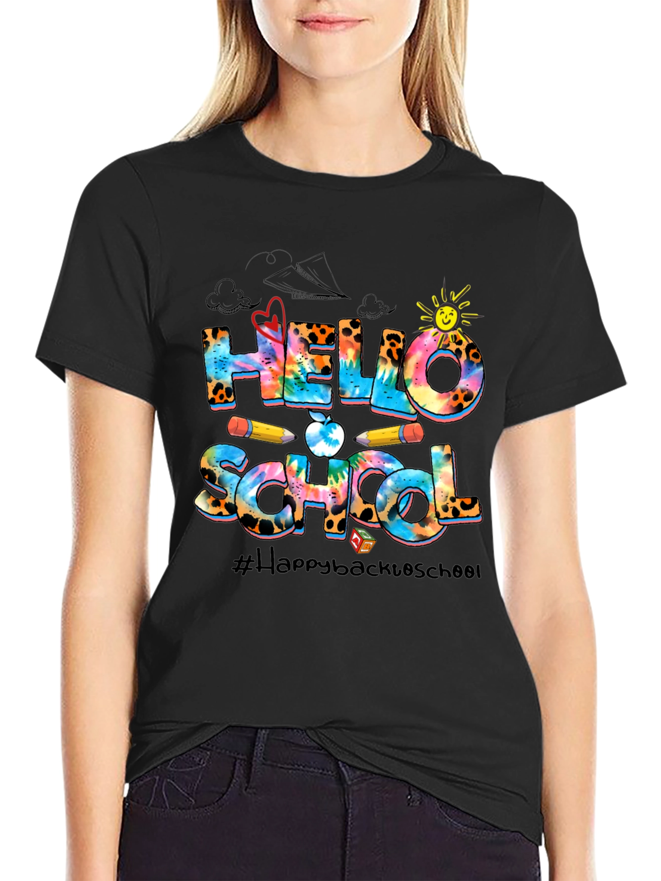 Black Hello School Graphic T-Shirt Back To School view 2