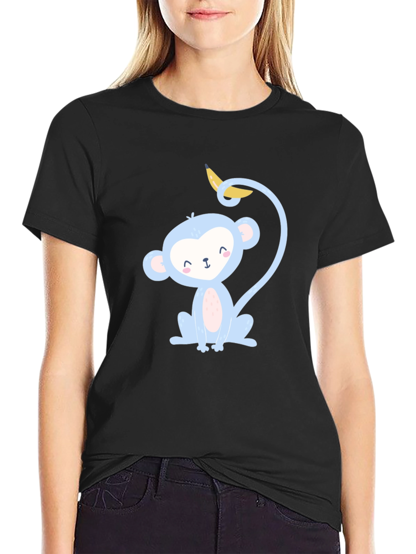 Black Cute Monkey Banana T-Shirt -  Playful Cartoon Graphic Tee view 2