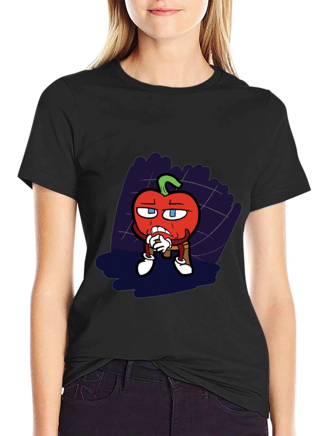 Black Cartoon Tomato Graphic Black T-Shirt view 2