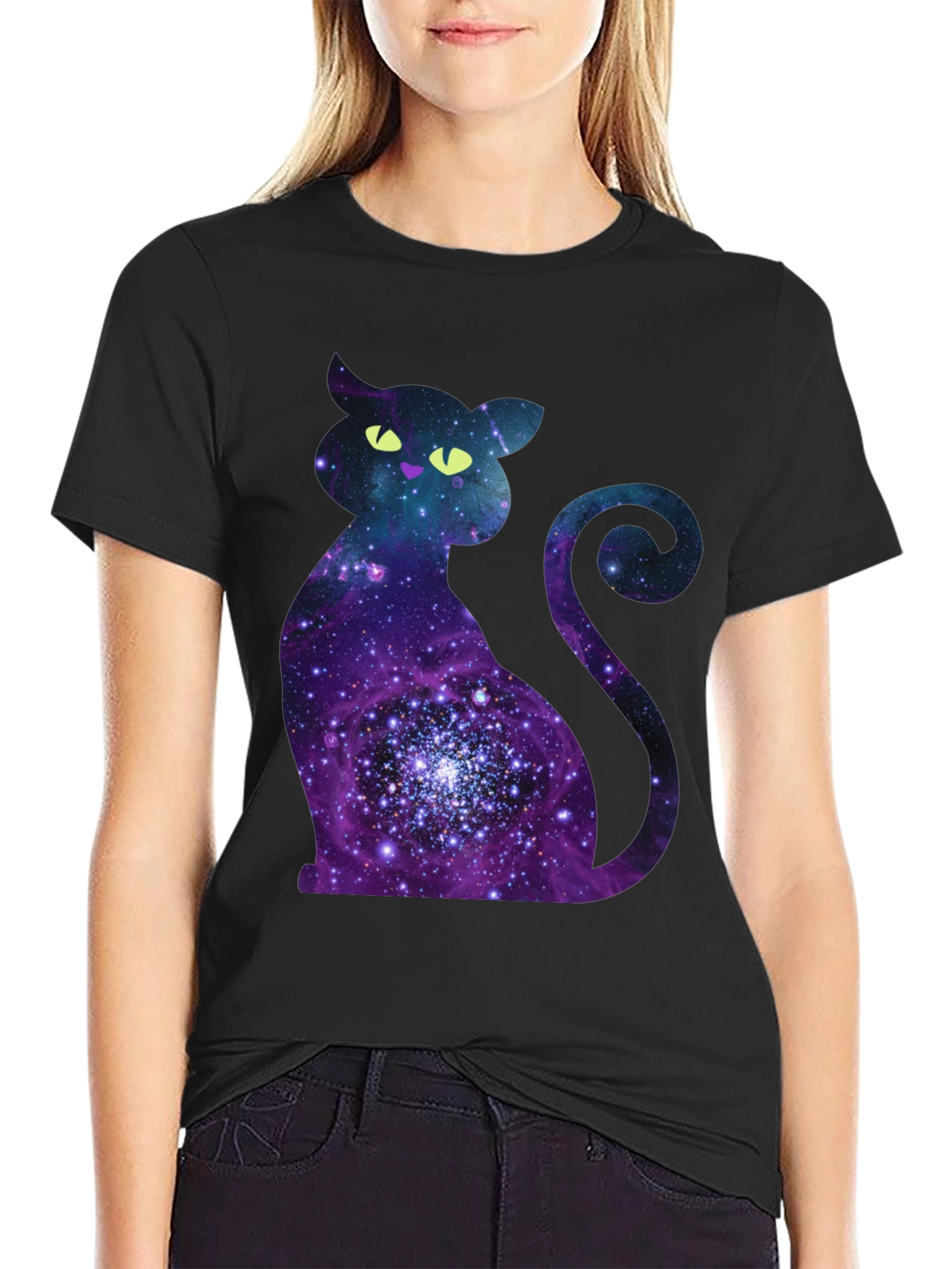 Black Galaxy Cat Graphic Print Crew Neck T-Shirt view 2