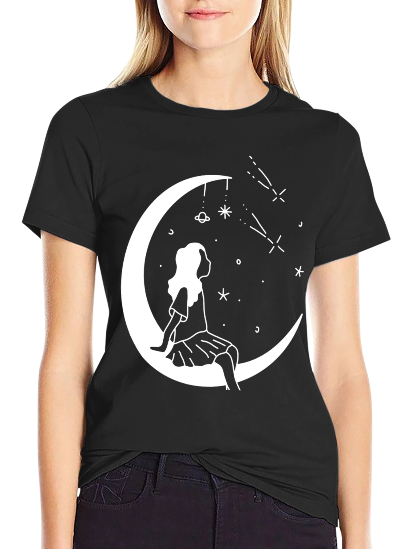 Celestial Dreamer T-Shirt - Girl on Moon Starry Design - 2