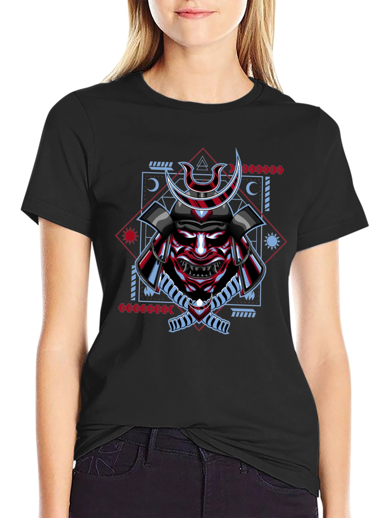 Black Samurai Mask Graphic Print T-Shirt - Black view 2