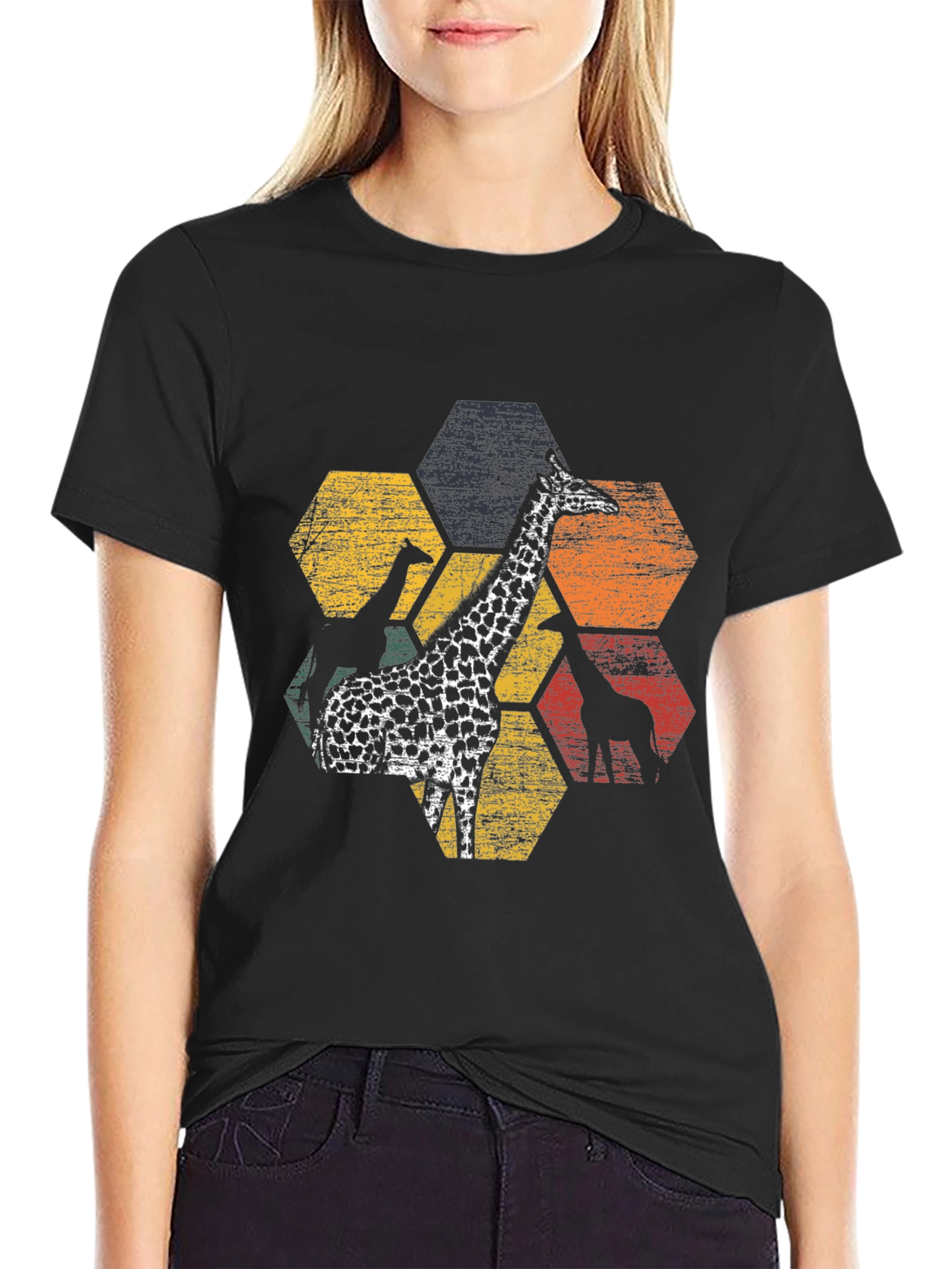 Black Giraffe Hexagon Graphic Tee - Black Cotton Blend view 2