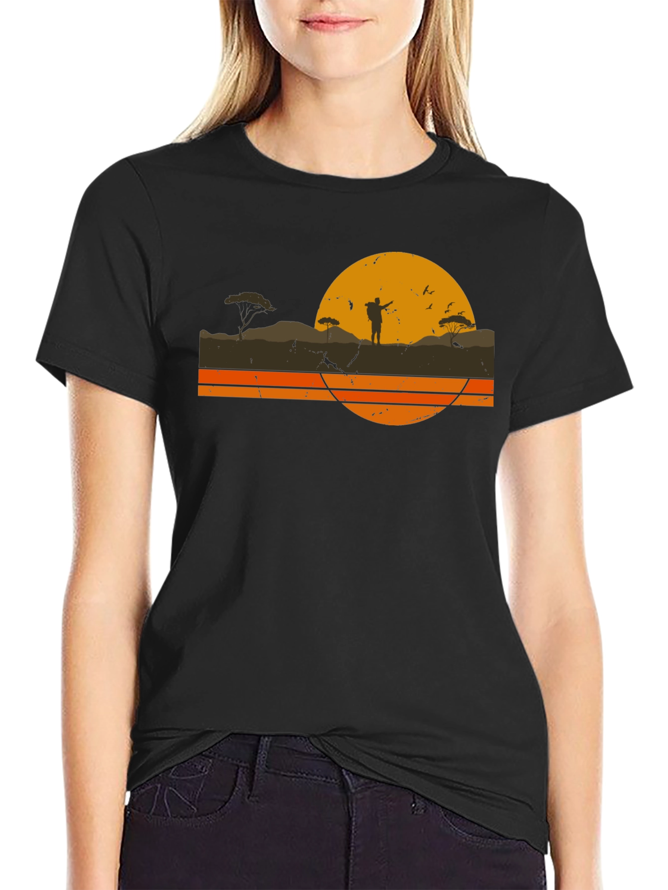 Black Retro Sunset Hiker Graphic T-Shirt view 2