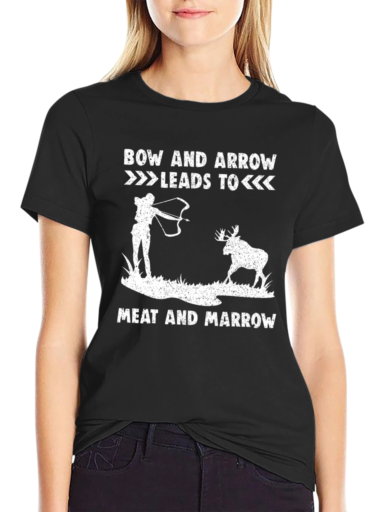 Black Bow & Arrow Leads to Meat Funny Hunter T-Shirt view 2