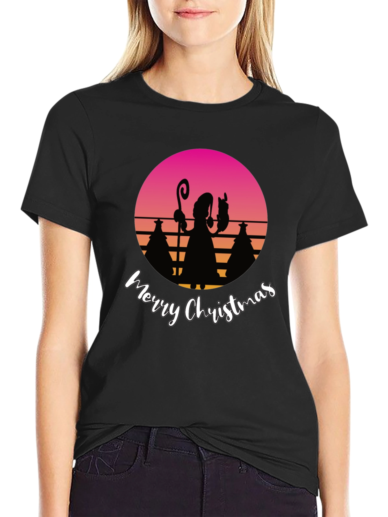 Black Retro Christmas Silhouette T-Shirt view 2