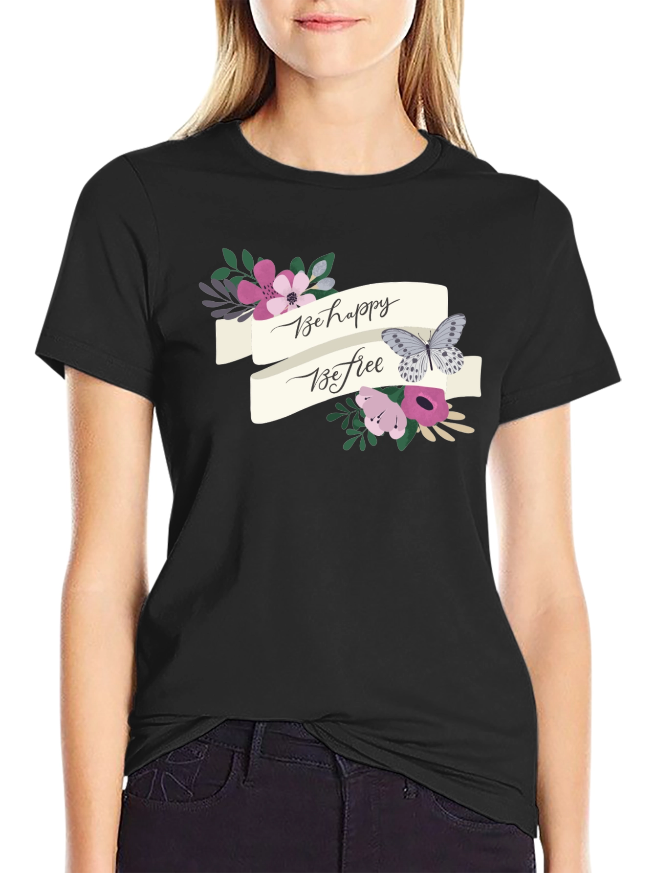 Black Be Happy Be Free Floral Butterfly Graphic Tee view 2