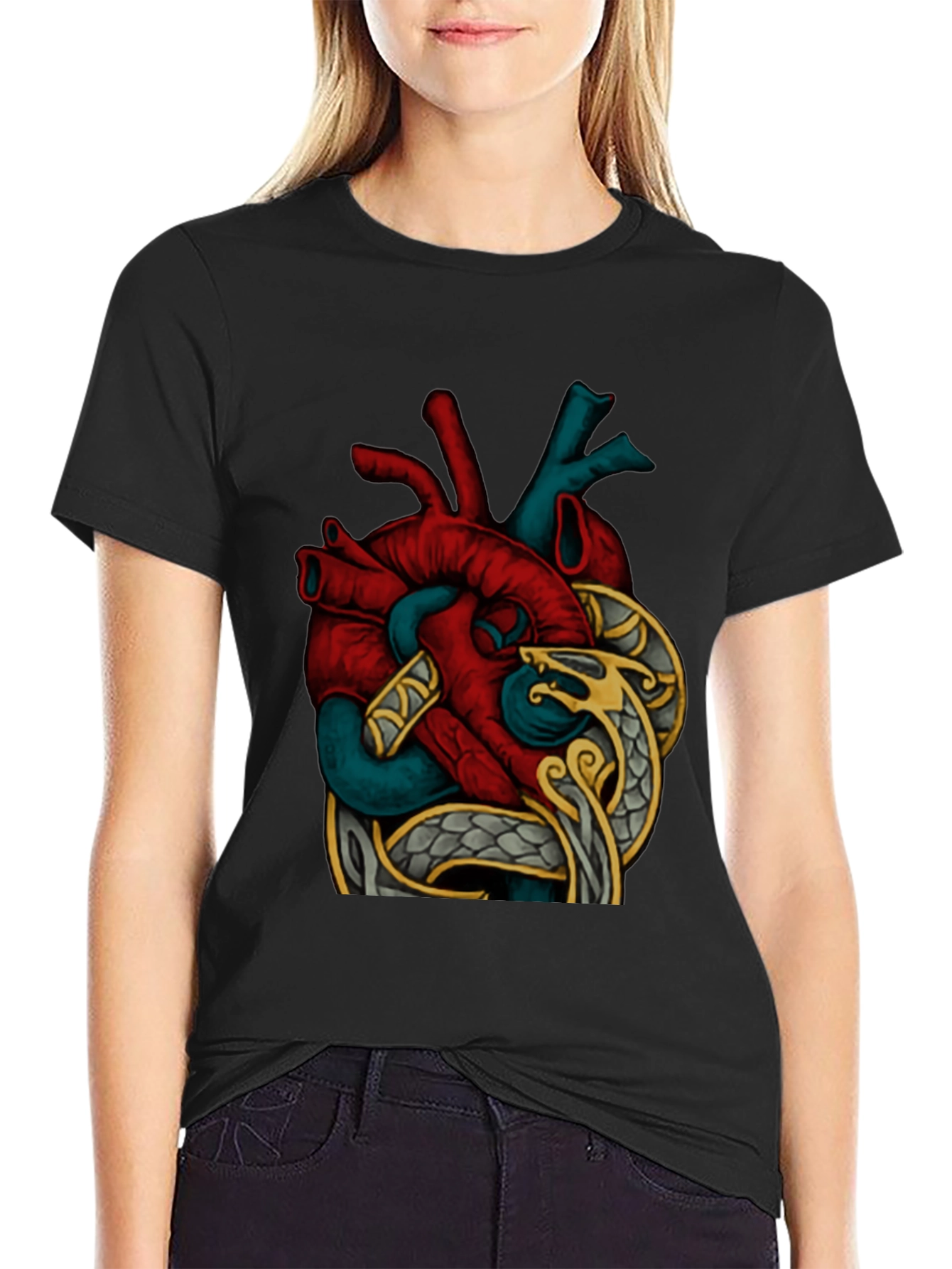 Black Anatomic Heart Snake Graphic T-Shirt view 2