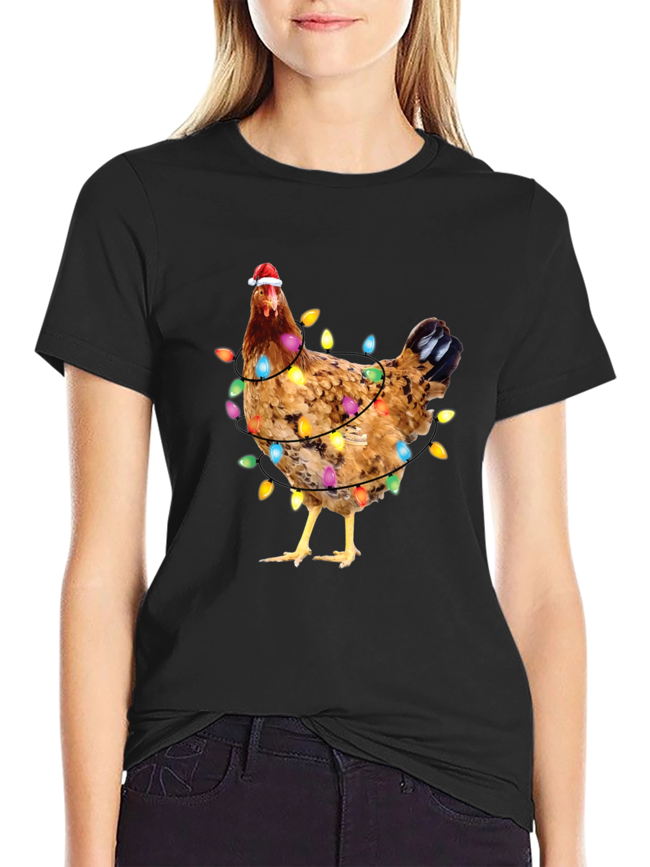 Black Festive Chicken Christmas Lights Graphic Tee view 2