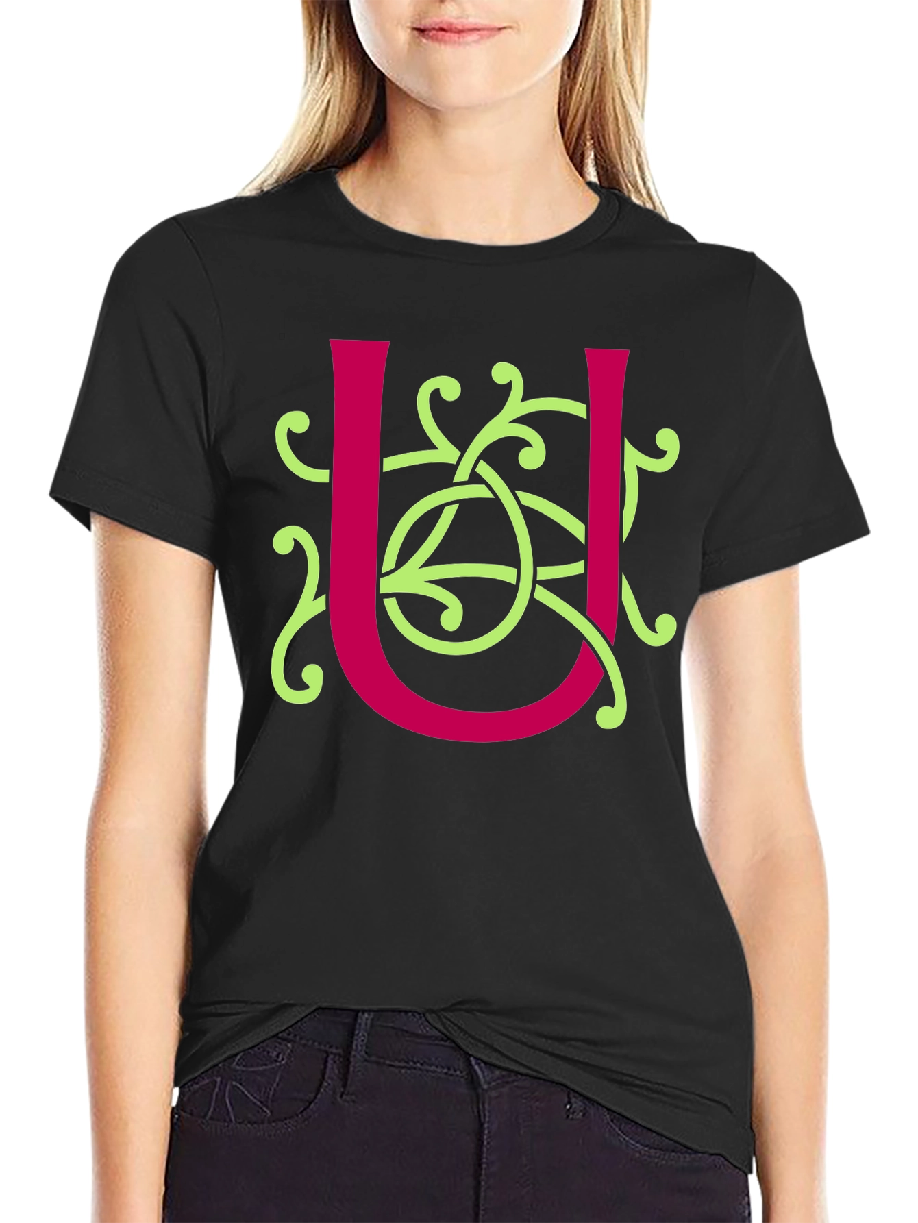 Black Celtic Knot U Letter Graphic T-Shirt view 2