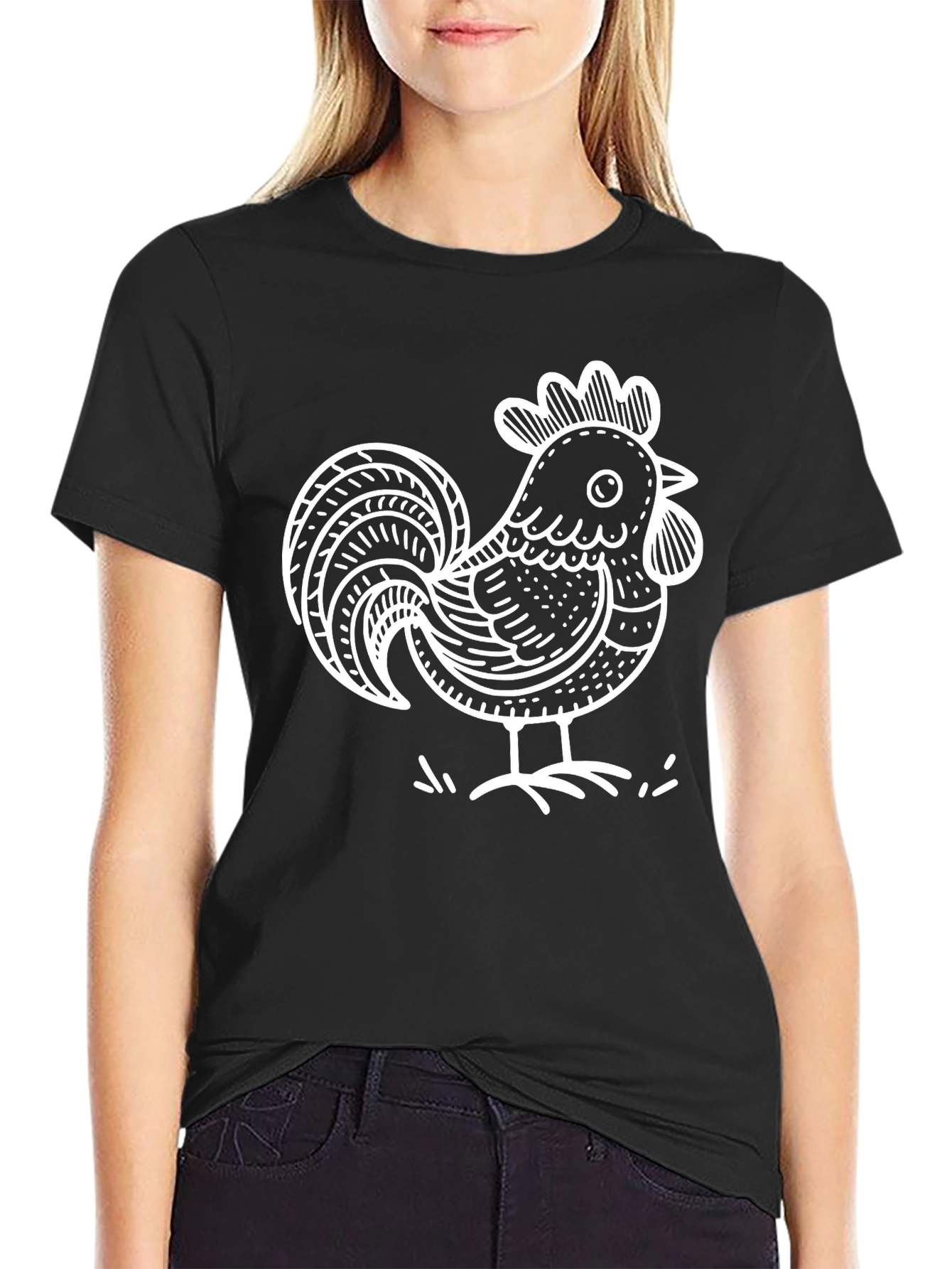 Black Cool Rooster Graphic Print Black T-Shirt view 2