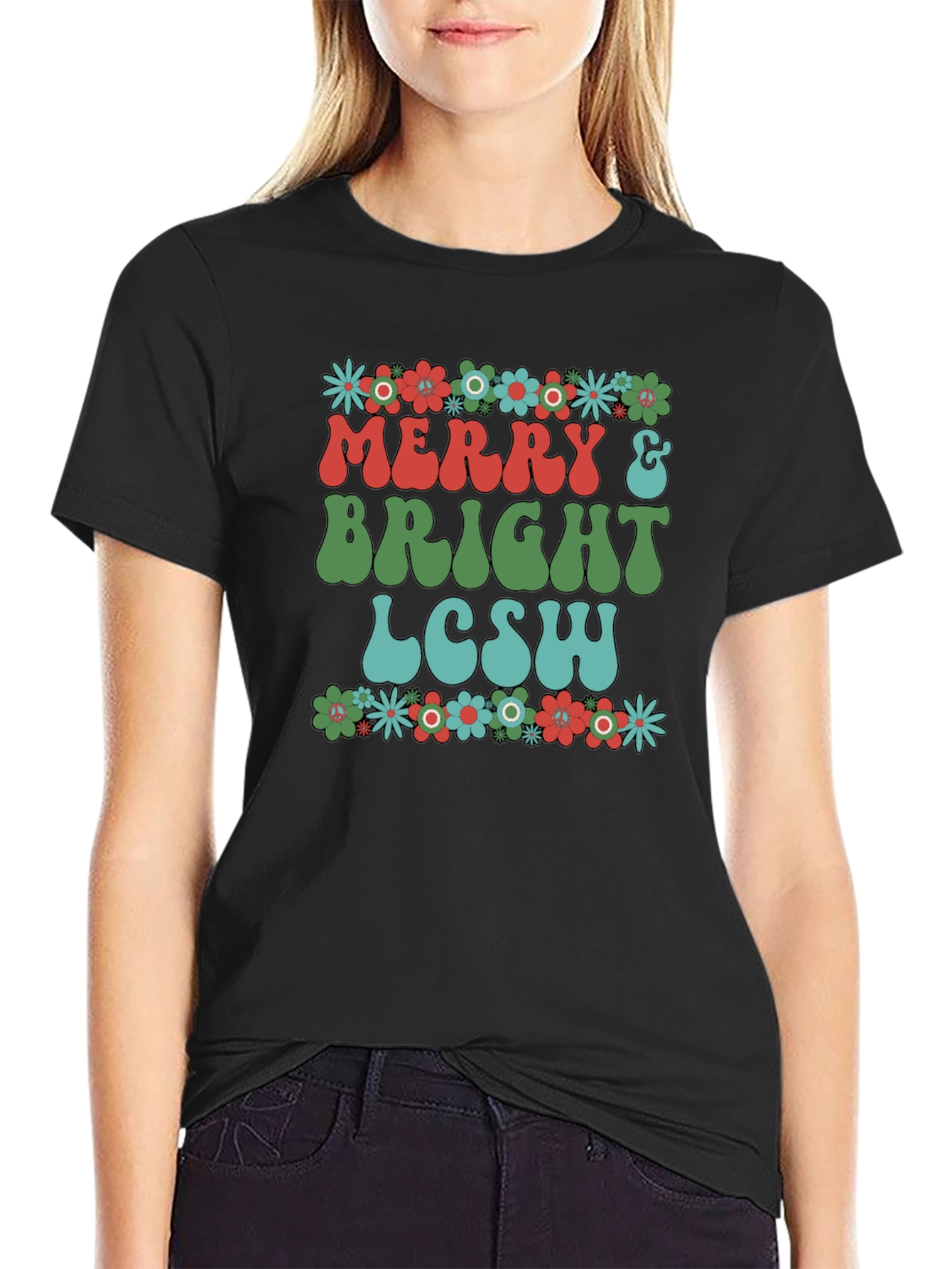 Black Merry & Bright LCSW T-Shirt - Floral Design view 2