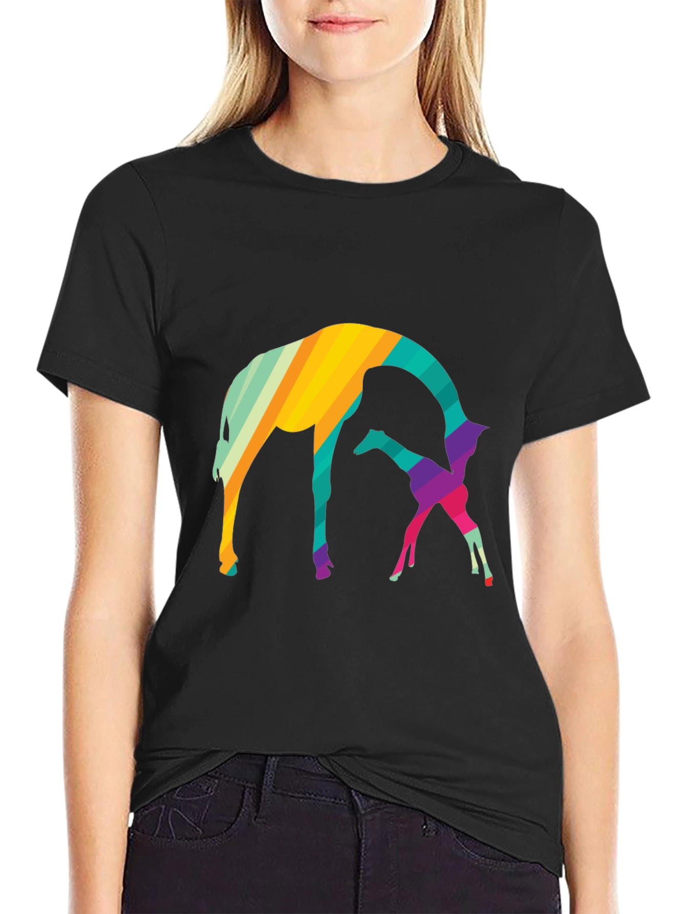 Black Abstract Giraffe Graphic Tee - Black Cotton Blend Shirt view 2