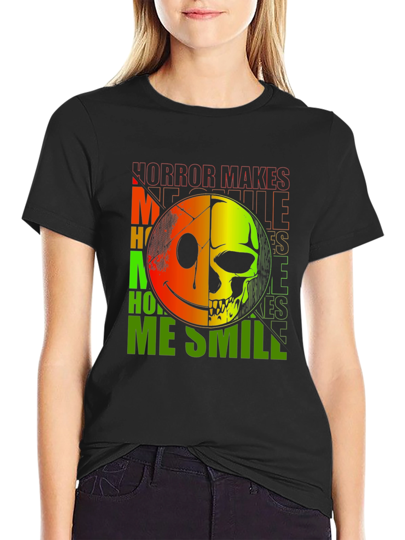 Black Horror Makes Me Smile T-Shirt - Half Smile, Half Skull view 2
