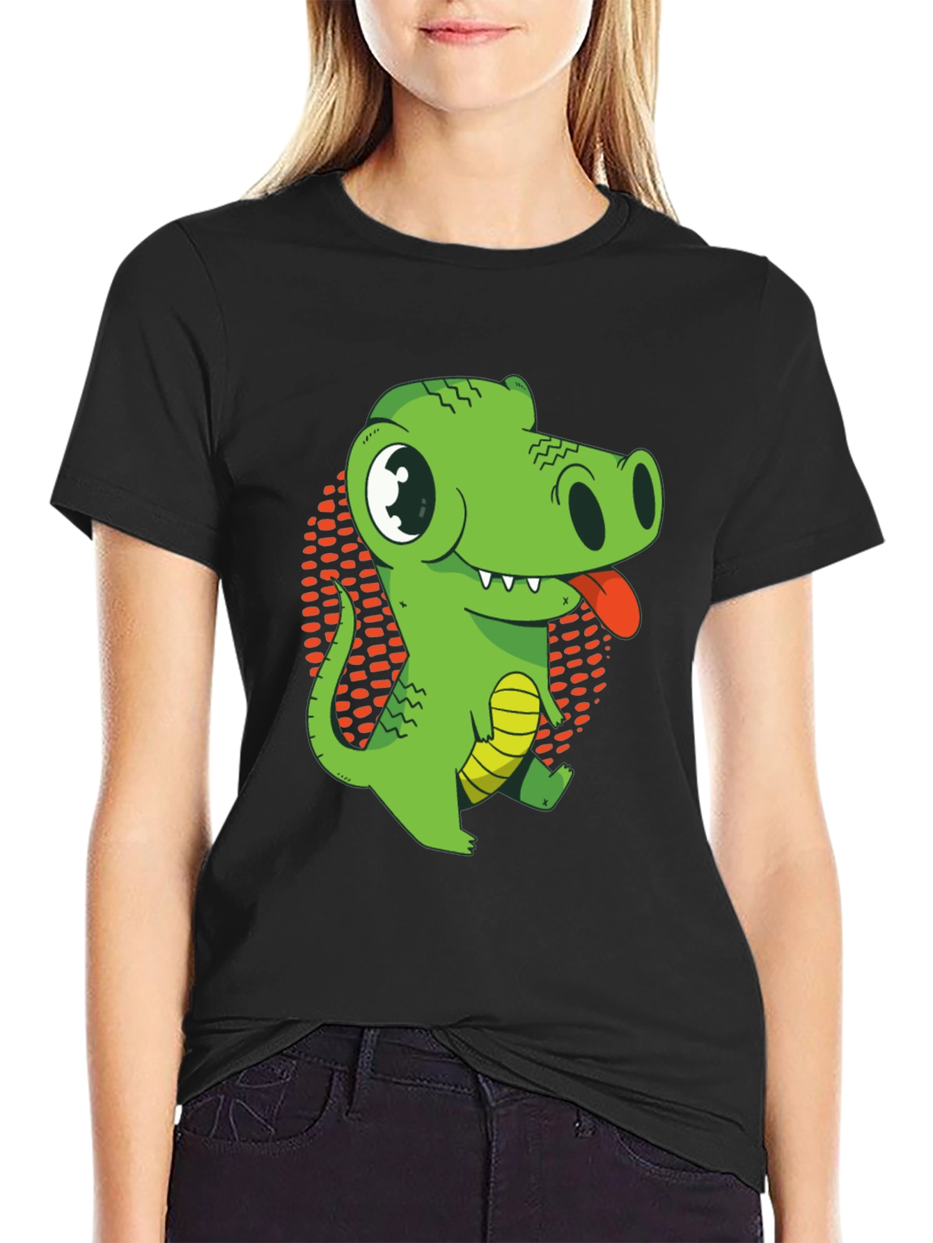 Black Cartoon Crocodile Graphic T-Shirt - Black Cotton Tee view 2