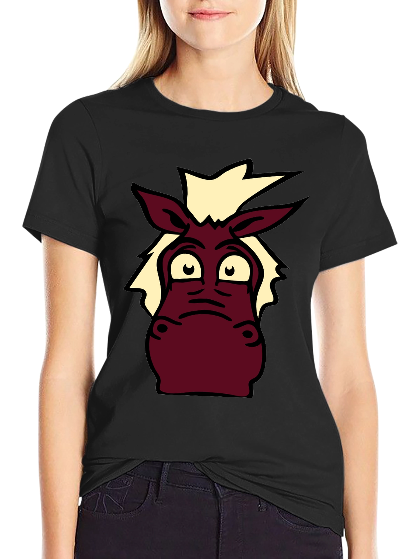 Black Cartoon Donkey Graphic Tee - Black Cotton T-Shirt view 2