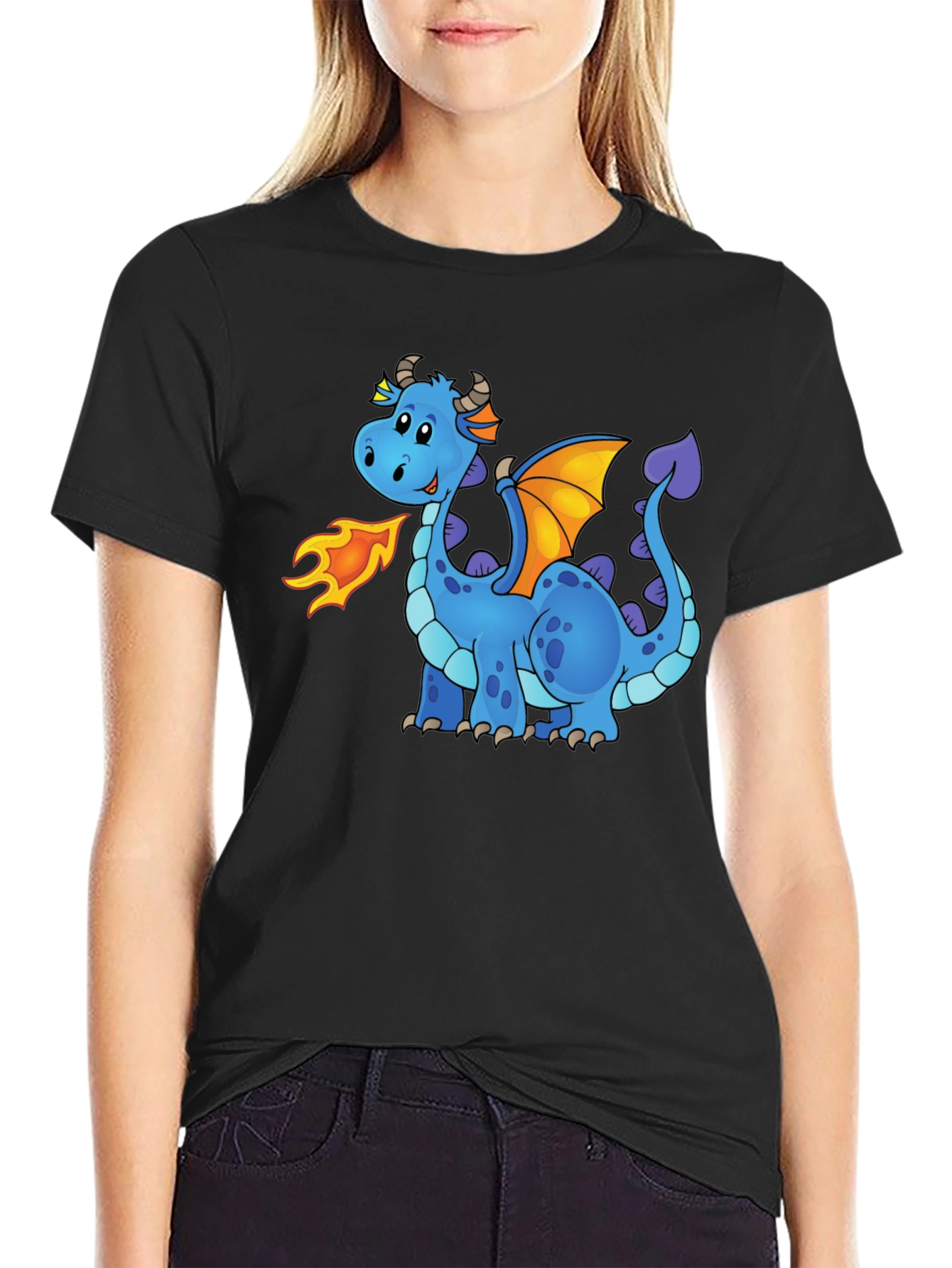 Black Cute Cartoon Dragon Graphic Tee - Unisex Black T-Shirt view 2
