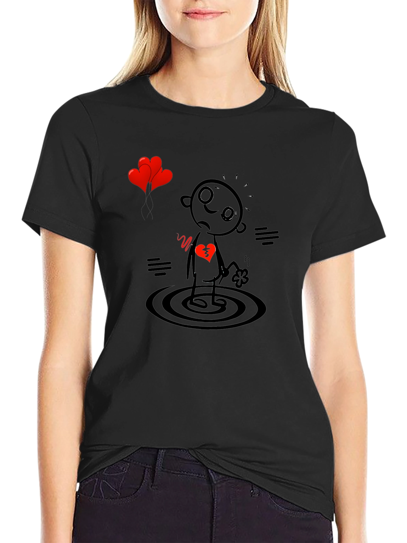 Black Heartbroken Stick Figure T-Shirt - Sad Cartoon Tee view 2