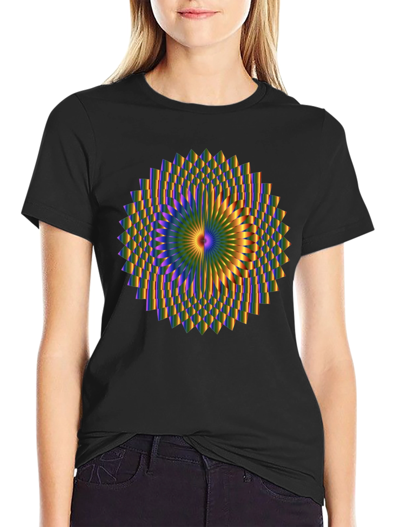 Black Optical Illusion Mandala Graphic Black T-Shirt view 2