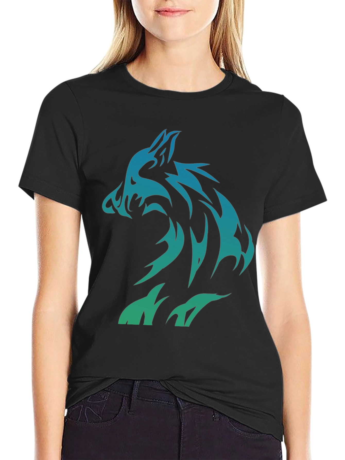 Black Tribal Wolf Graphic T-Shirt - Black Cotton Tee view 2
