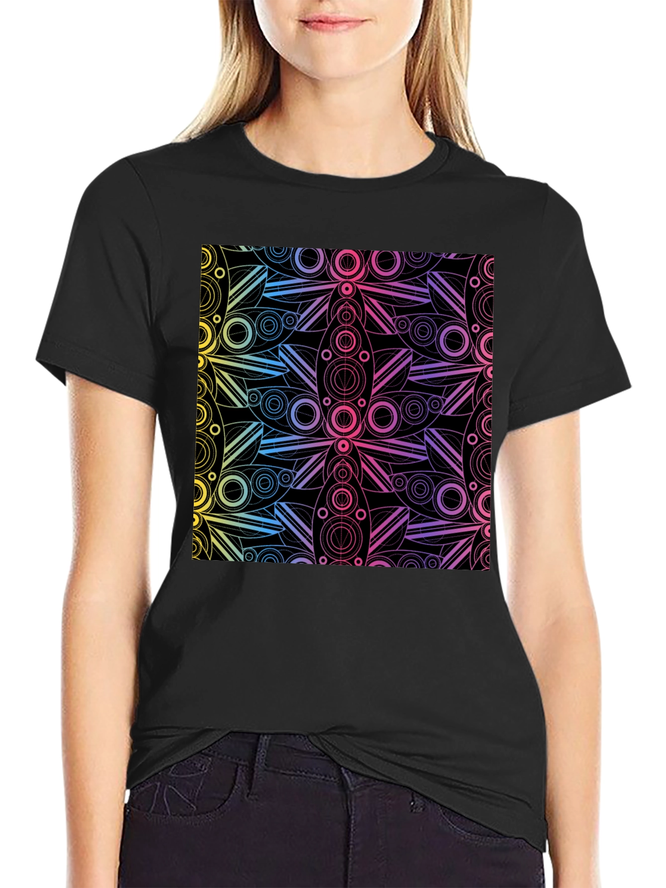 Black Geometric Rainbow Pattern Black T-Shirt view 2