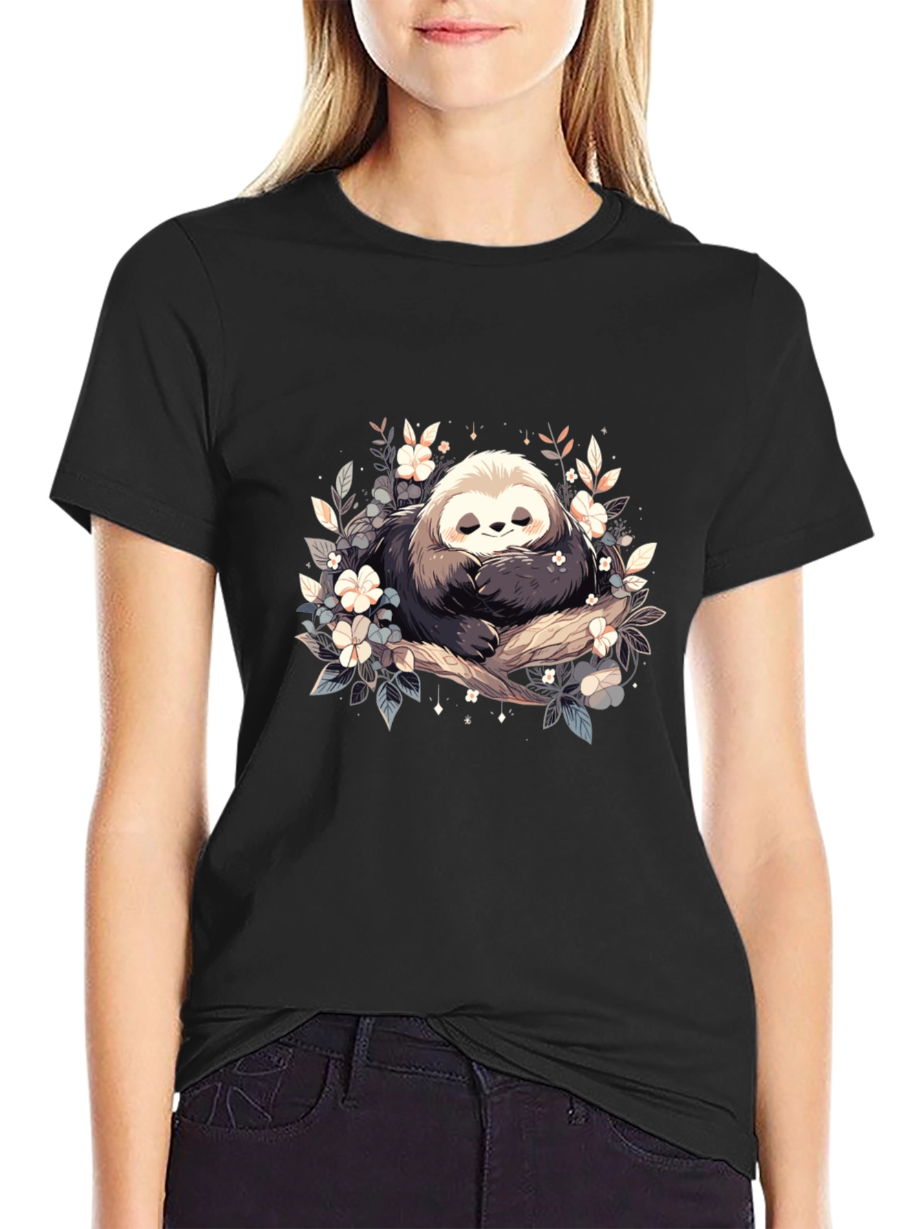 Black Cute Sloth with Flowers Graphic T-Shirt view 2