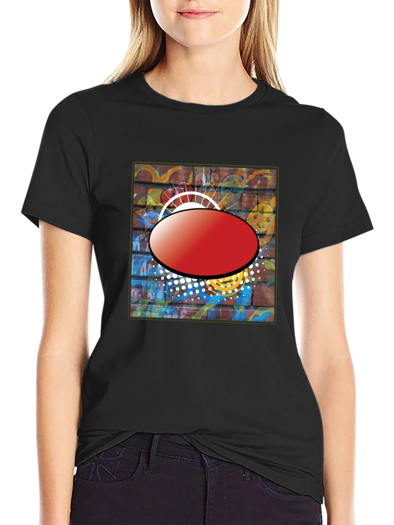 Black Black Graphic T-Shirt with Abstract Brick Wall Design view 2