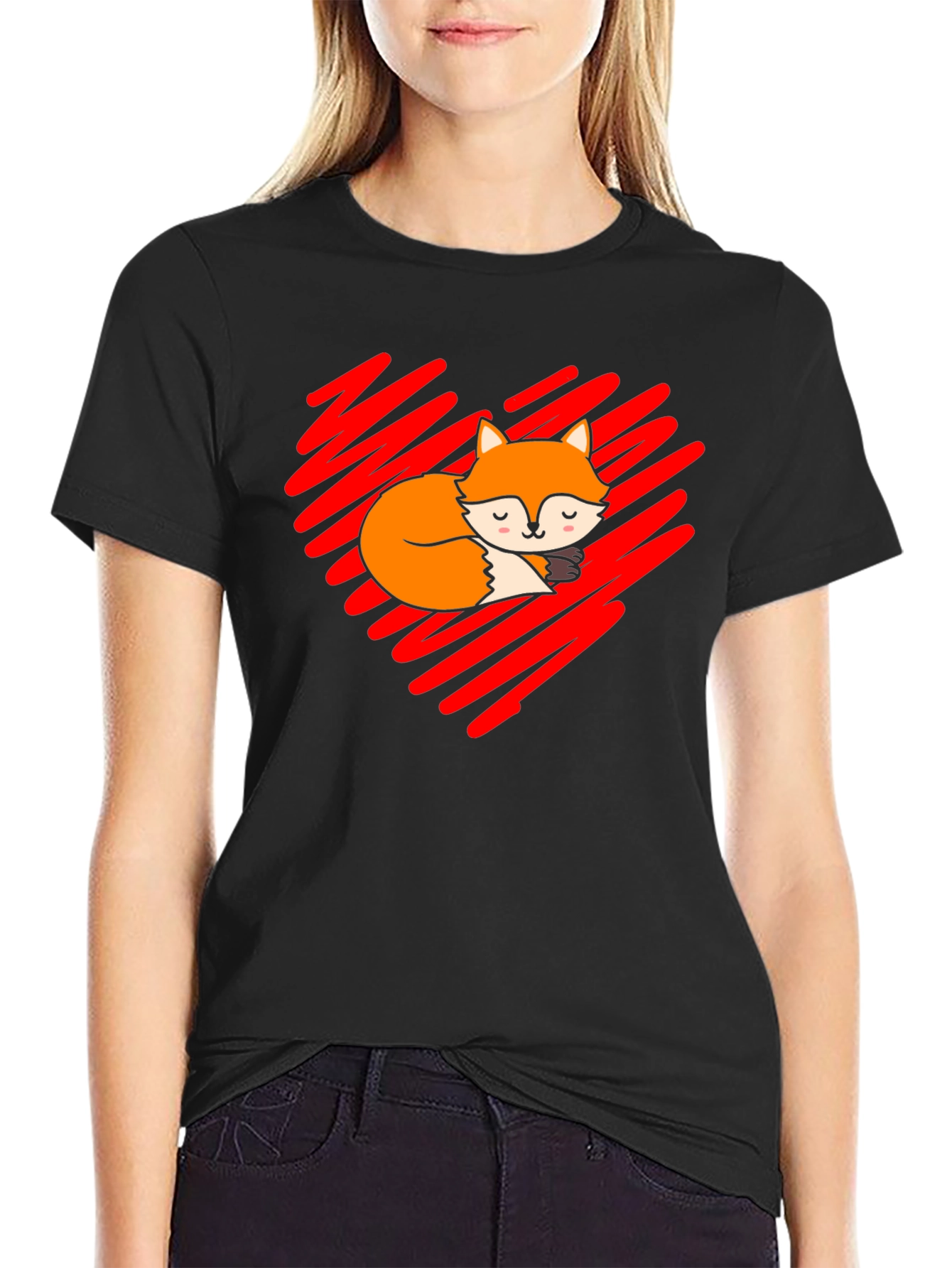 Black Cute Fox Heart T-Shirt - Soft Cotton Blend view 2