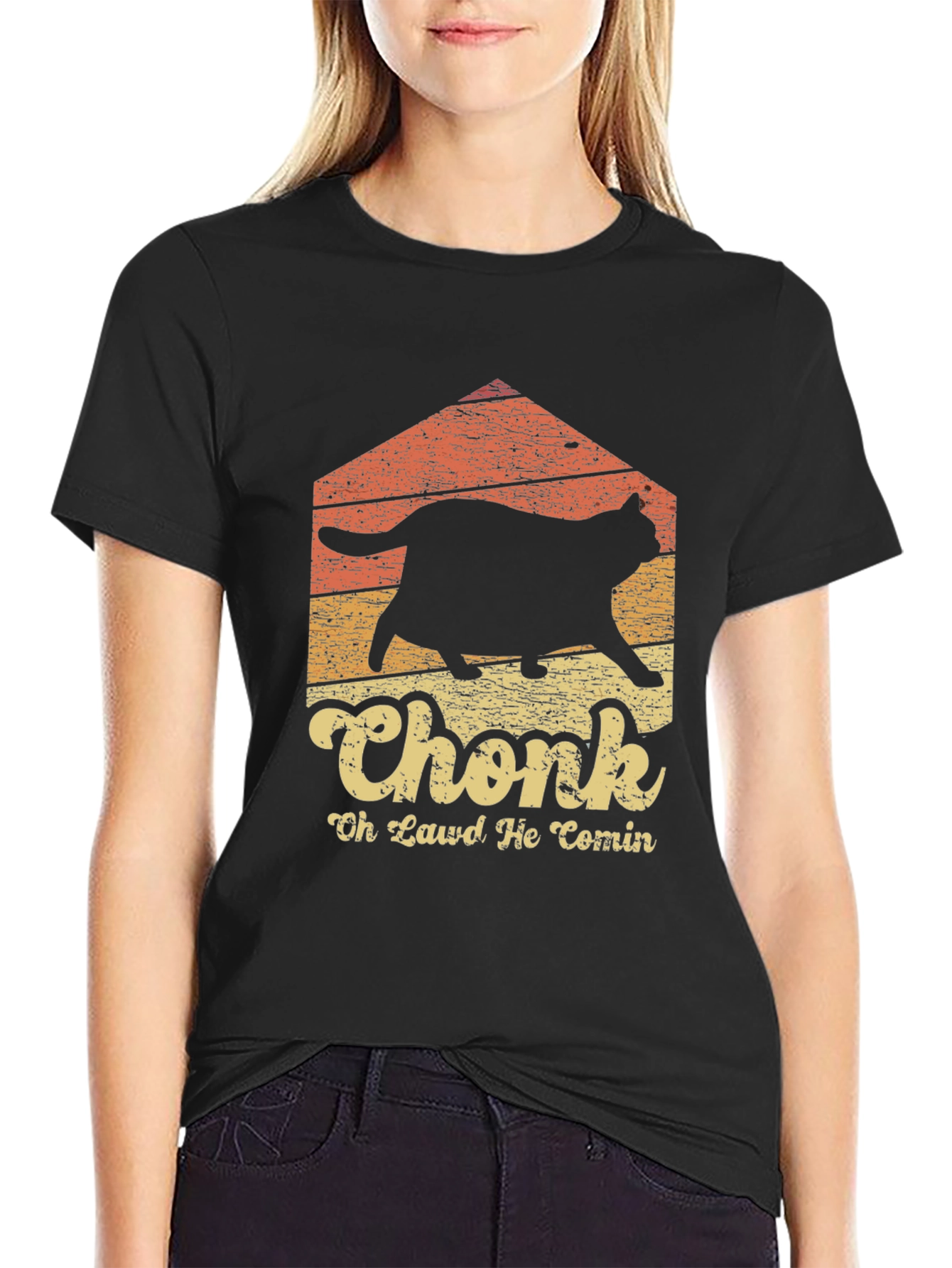 Black Chonk Cat T-Shirt - Oh Lawd He Comin' view 2