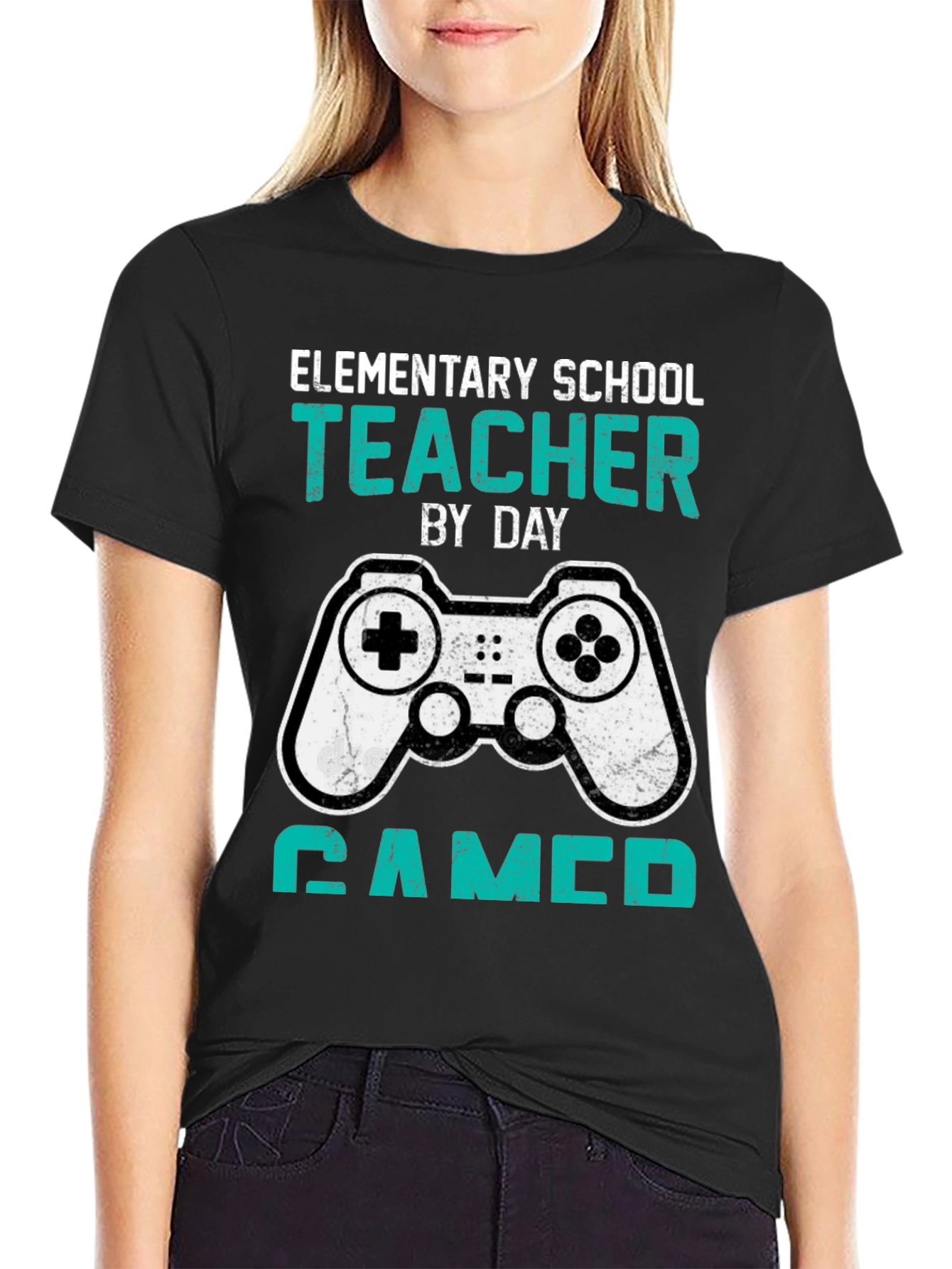 Black Elementary School Teacher Gamer T-Shirt view 2