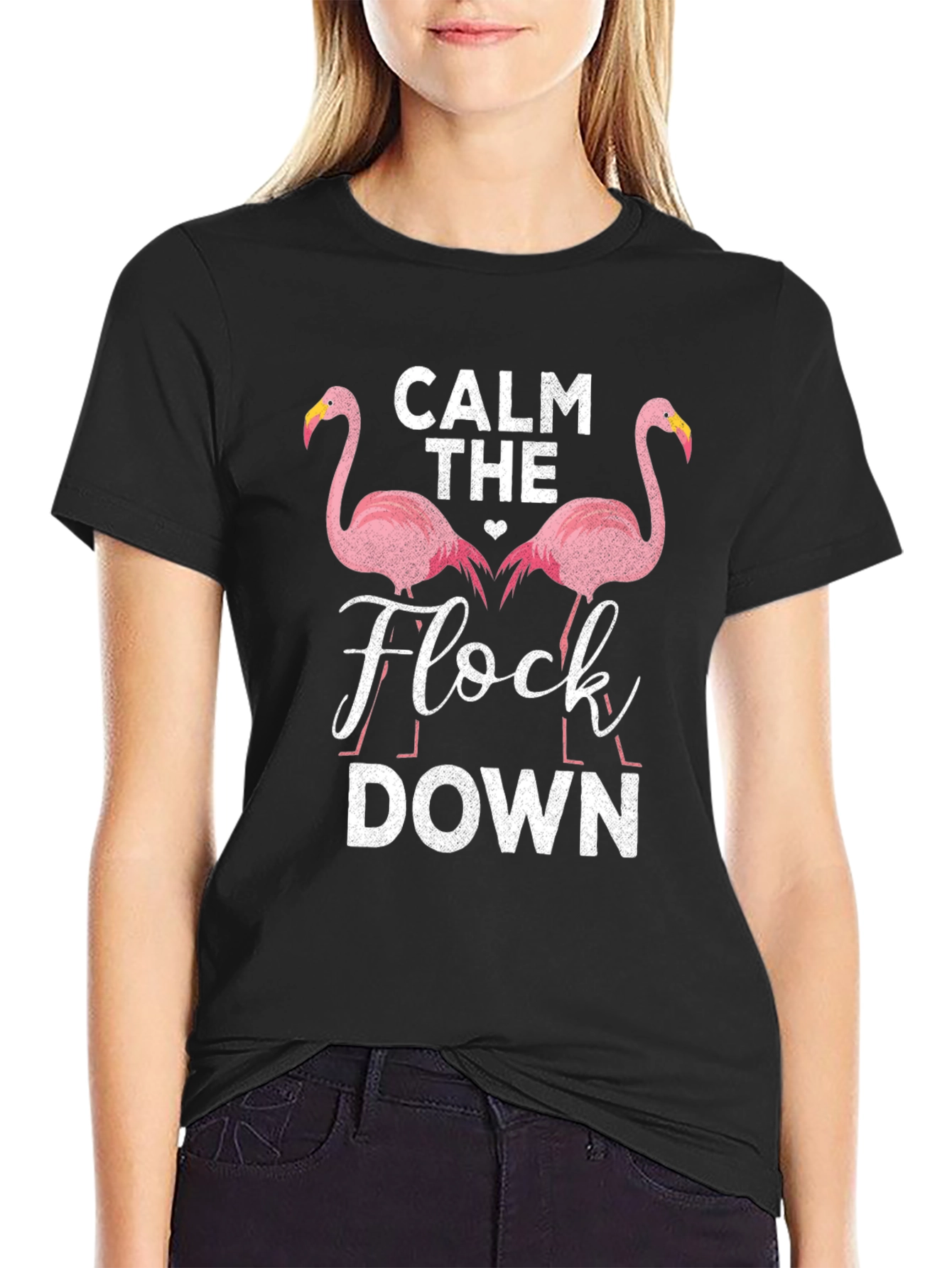 Black Calm The Flock Down Flamingo T-Shirt view 2