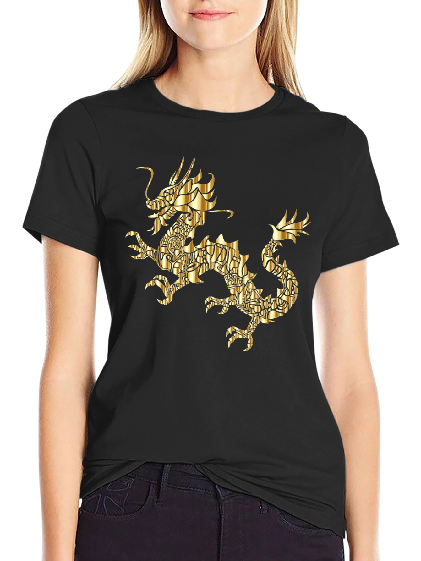 Black Golden Dragon Graphic Black T-Shirt view 2