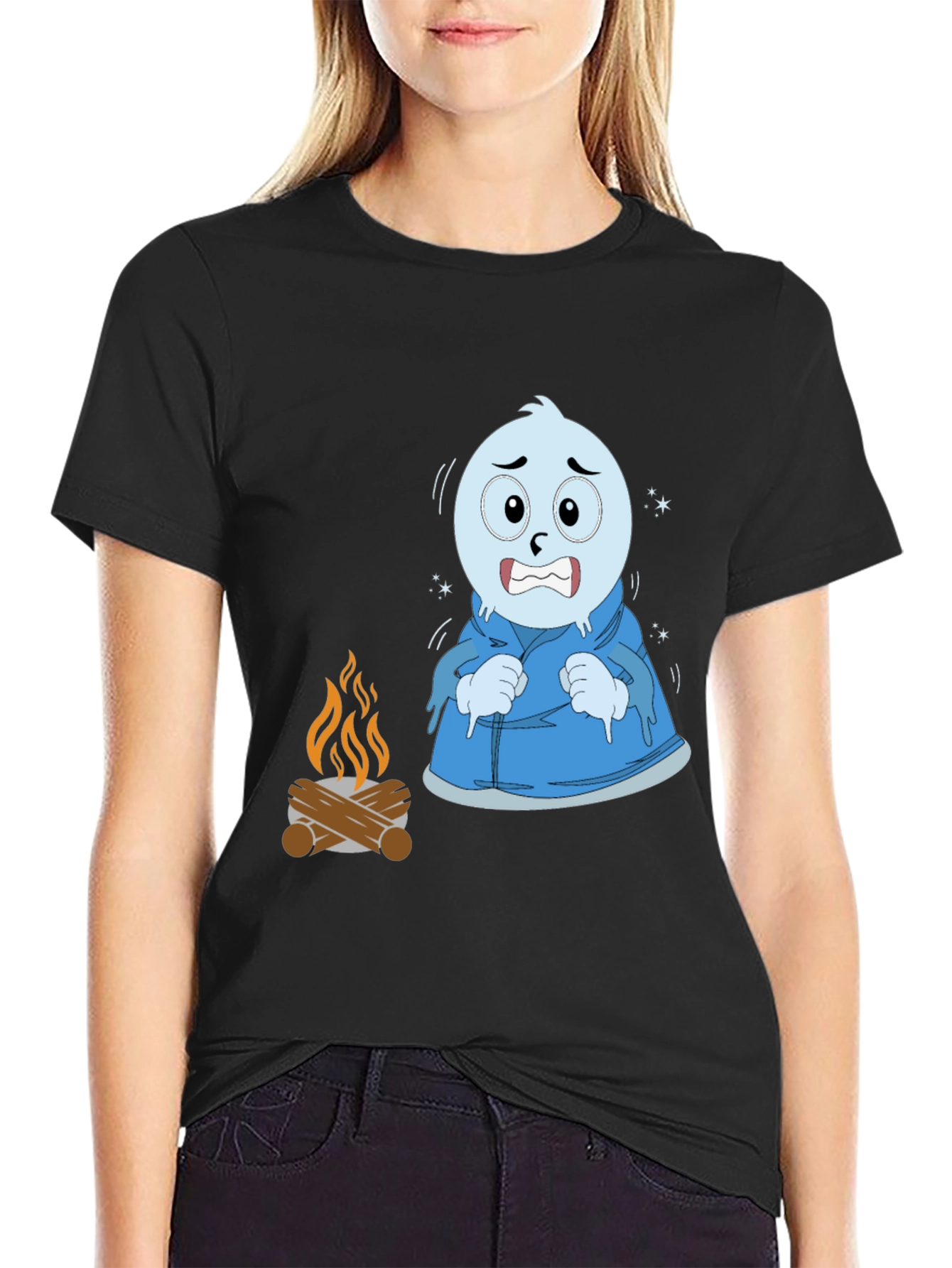Black Funny Cold Cartoon Character T-Shirt view 2