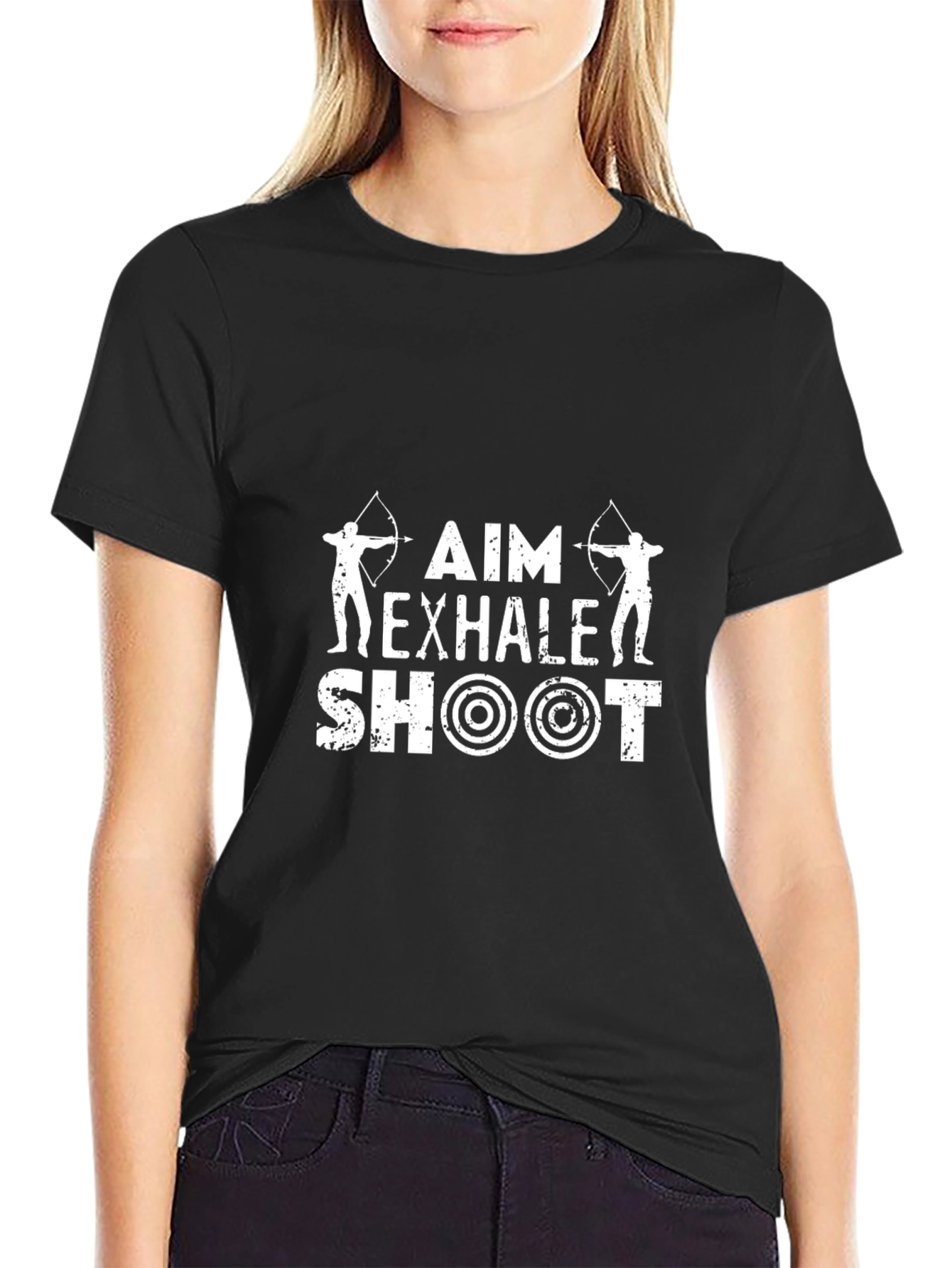 Black Aim Exhale Shoot T-Shirt Archery Design view 2