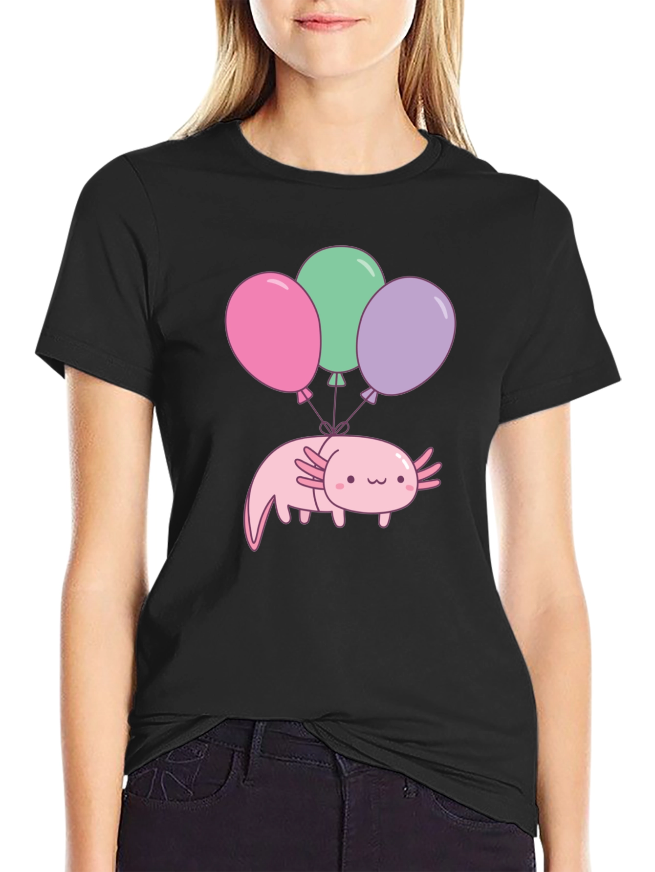 Black Axolotl Balloons Graphic Tee - Black Cotton T-Shirt view 2