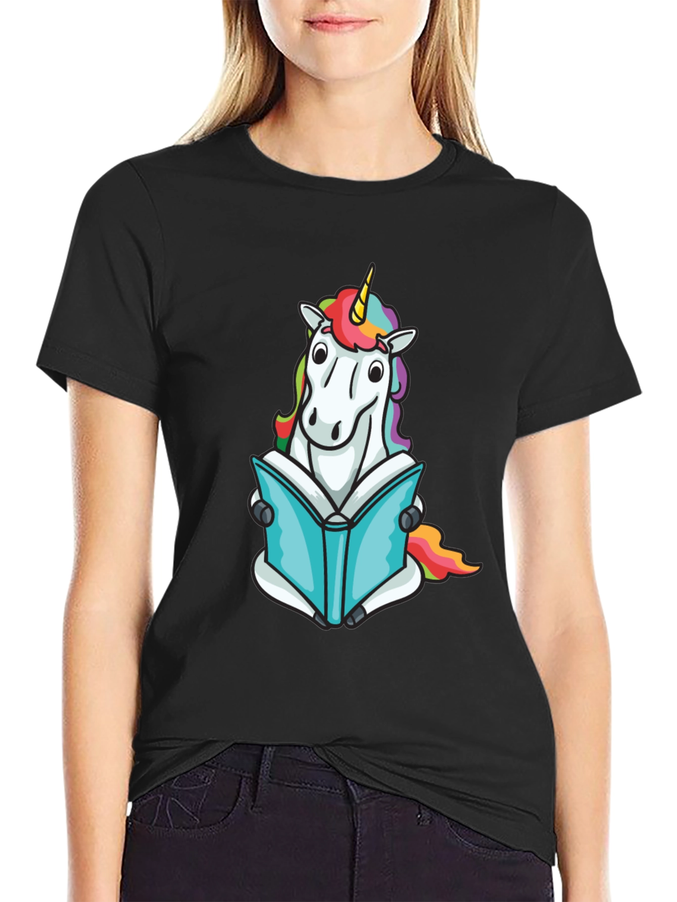Black Unicorn Reading Book Black T-Shirt view 2
