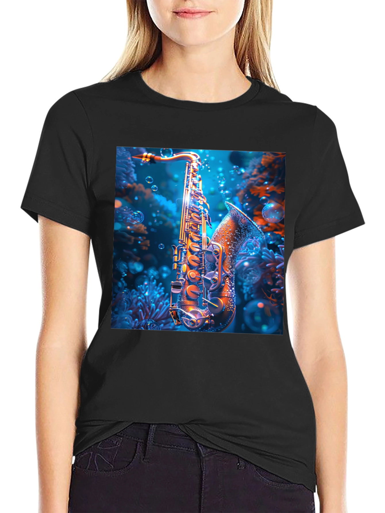 Black Saxophone Underwater T-Shirt - Unique Musical Design view 2