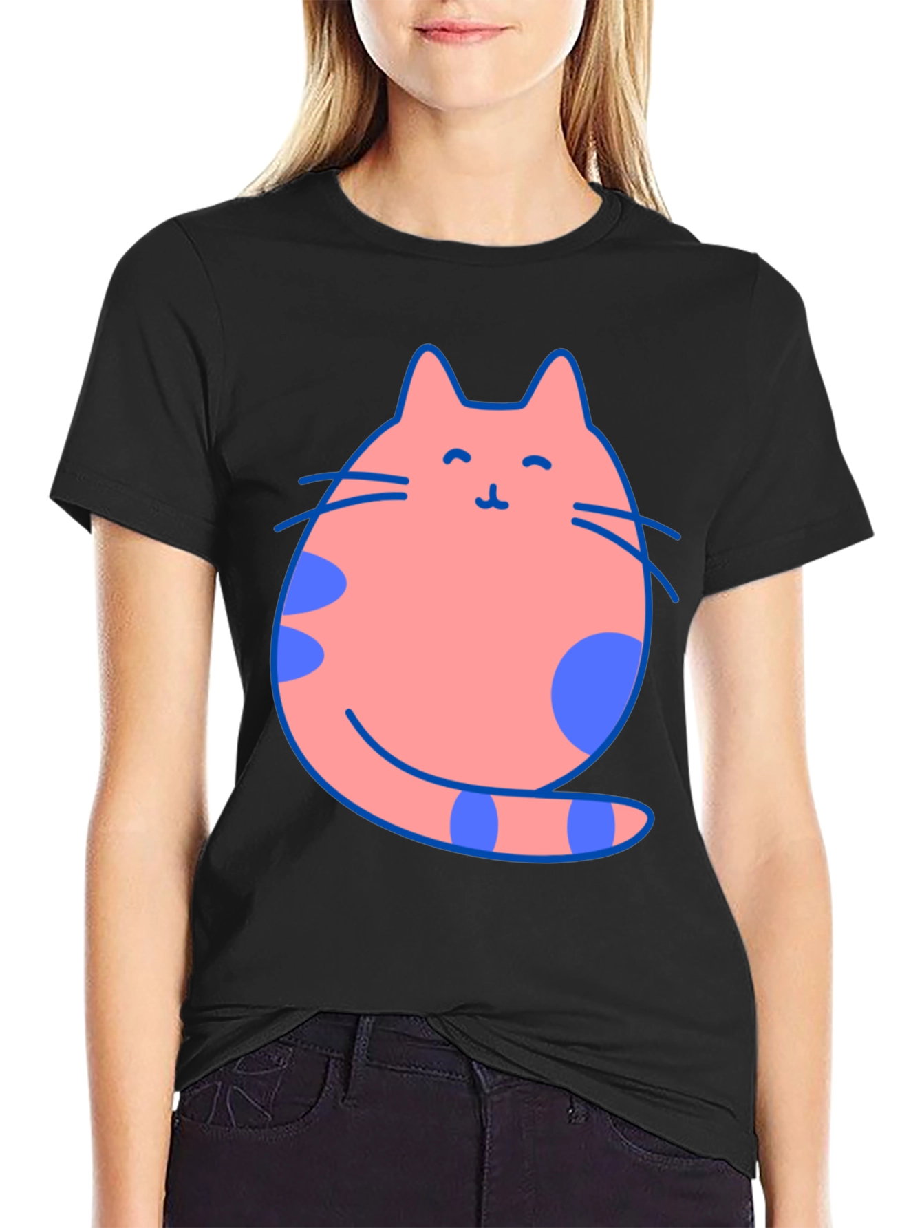 Black Cute Cat Graphic Tee - Black Cotton Blend view 2