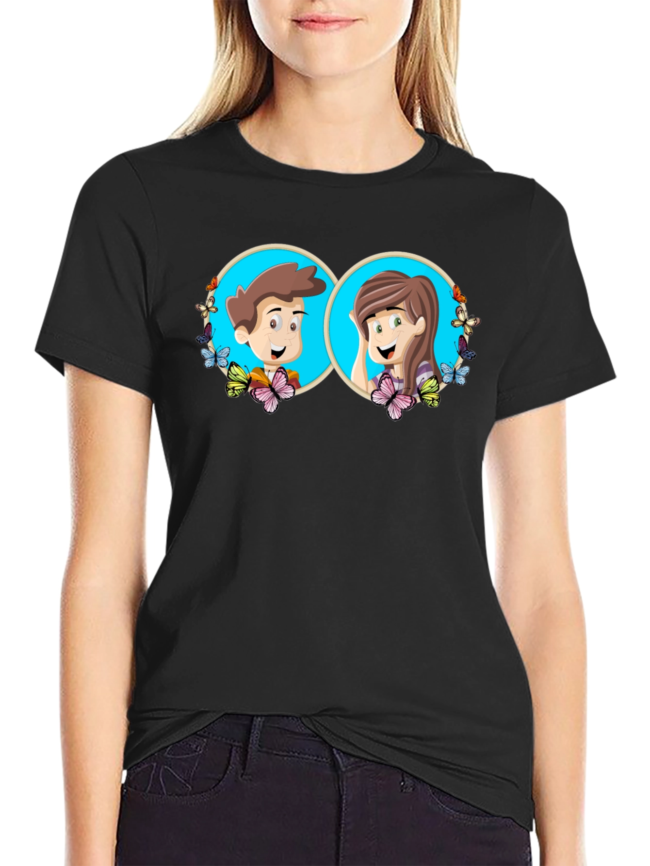 Black Cartoon Couple Graphic Tee - Quirky Black T-Shirt view 2