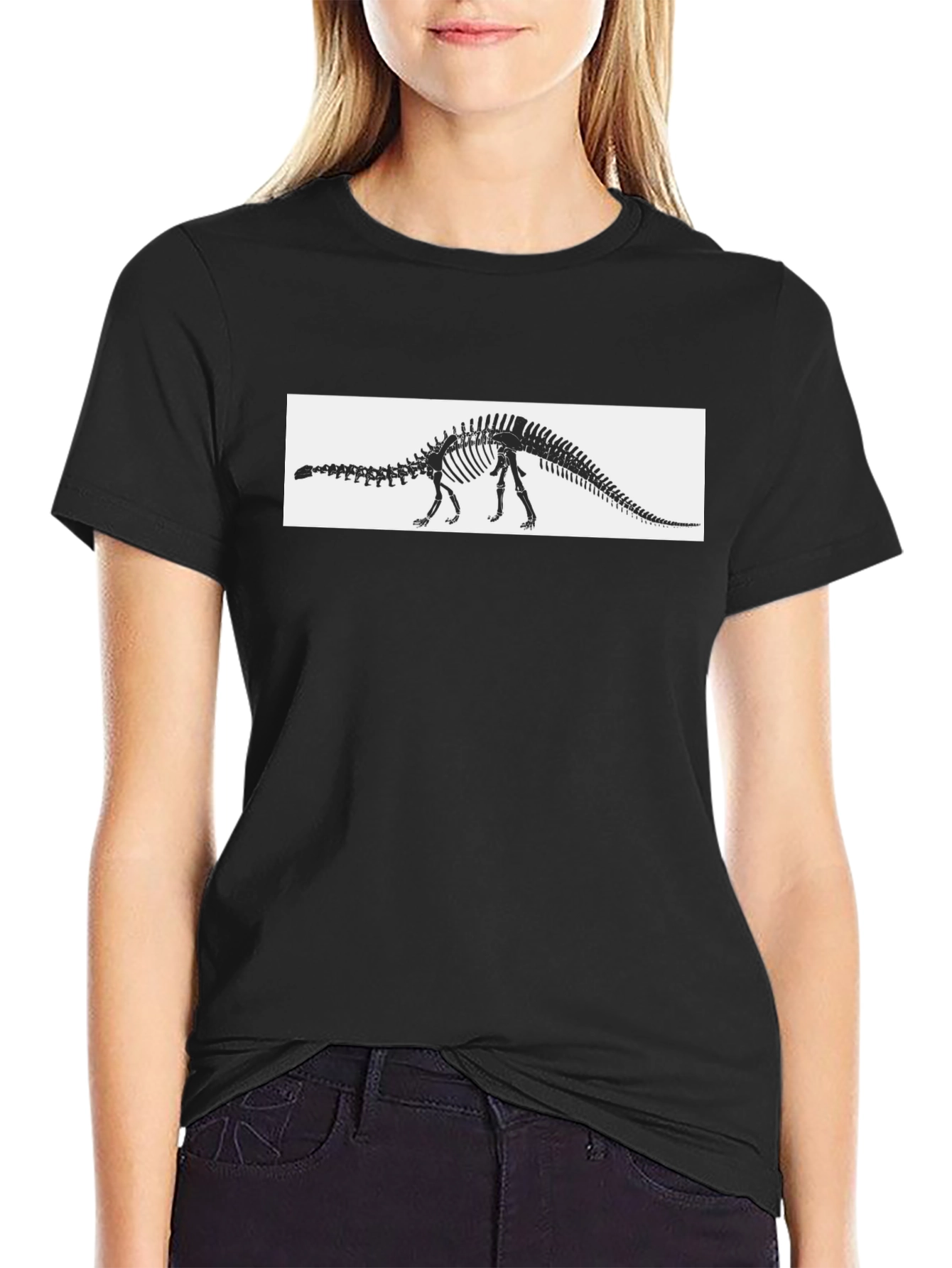 Black Dinosaur Skeleton Graphic Tee - Black Cotton T-Shirt view 2
