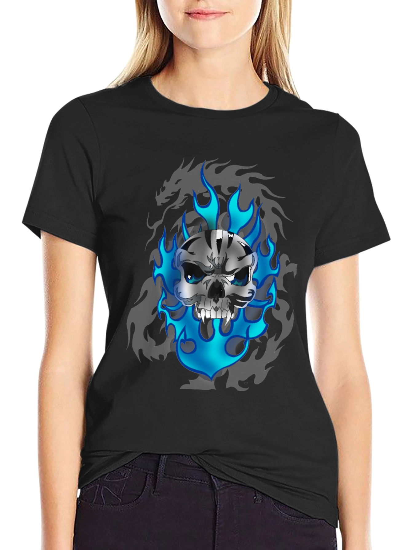 Black Skull and Flames Graphic Tee view 2